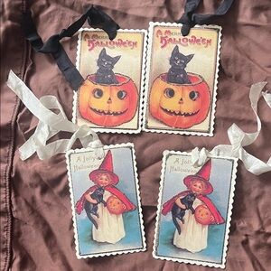 Vintage Halloween Gift Tags with Black Cat and Pumpkin